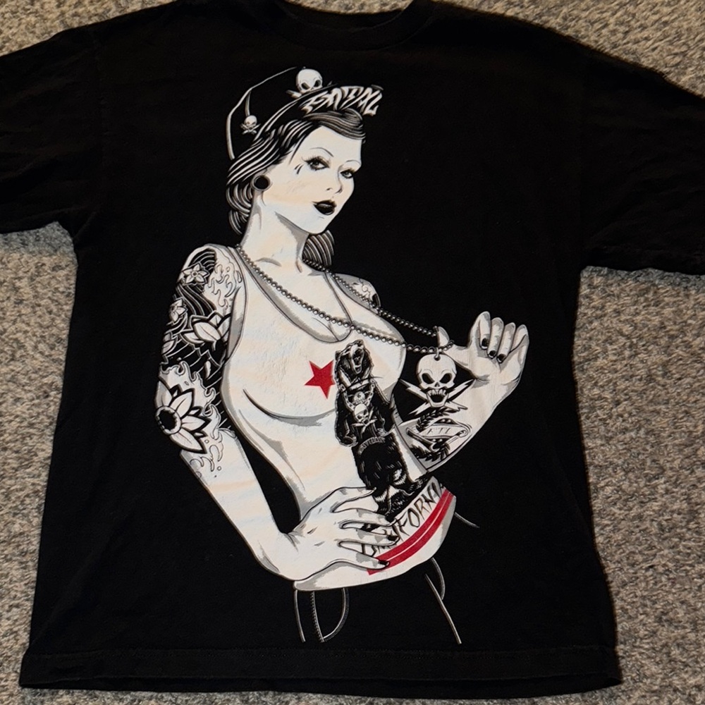 Black Graphic T-Shirt with Tattooed Woman Design